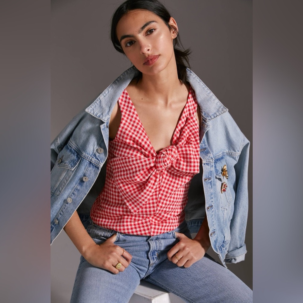 Anthropologie Eva Franco Red Gingham Front Bow Tank Top Size XL